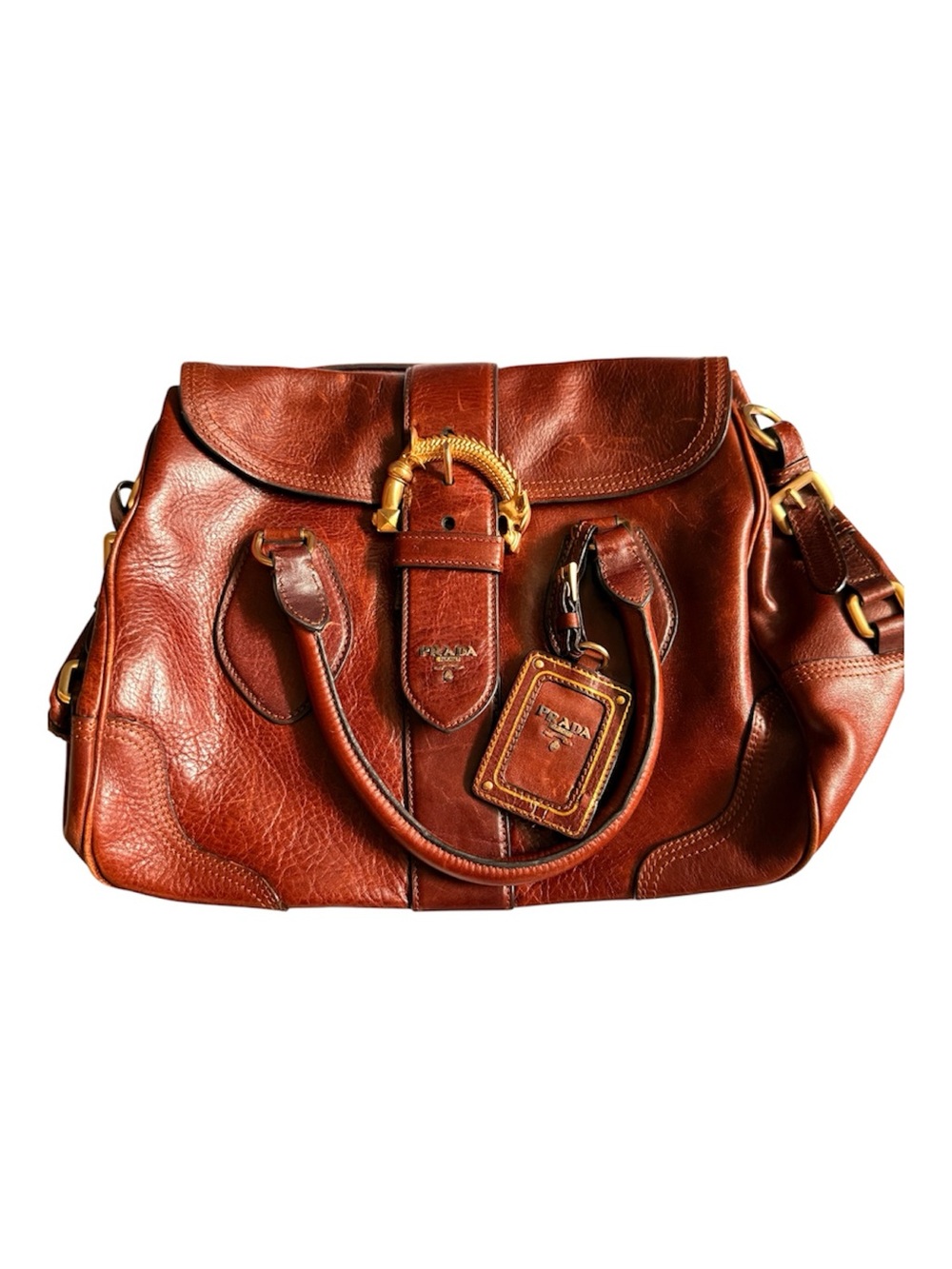 Prada Cognac Leather Messenger Bag with Gold Hardware